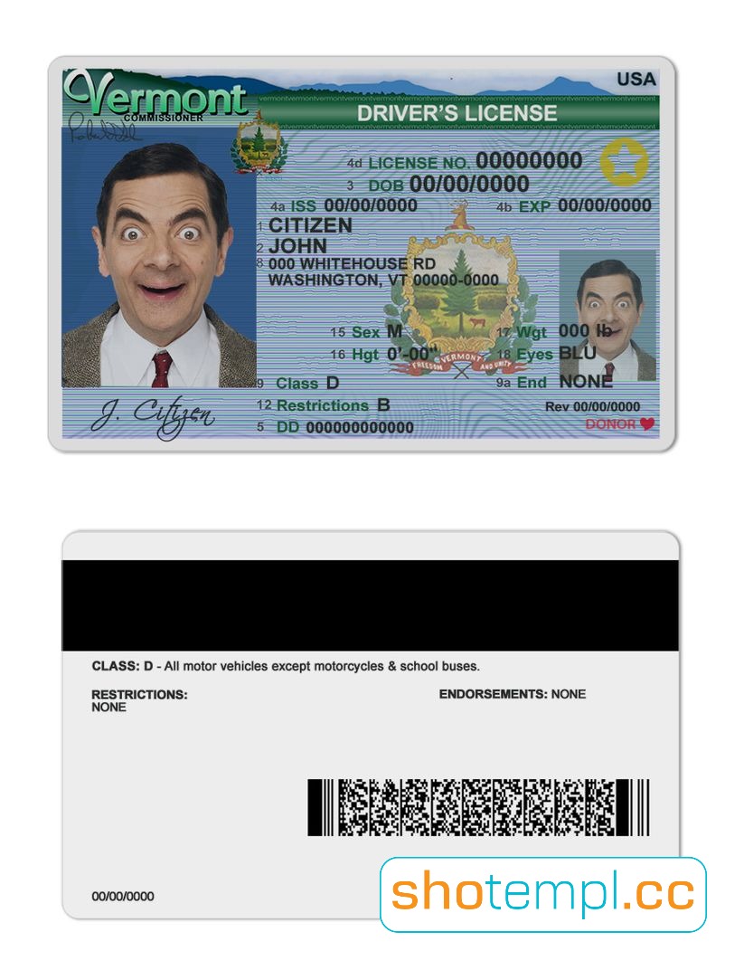 Vermont Driver License PSD Template V1
